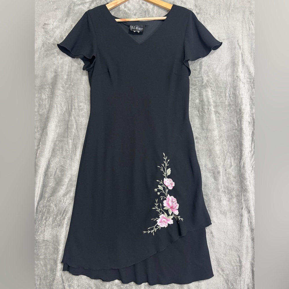 SL Fashions Midi‎ Dress Black Sz 16 Floral Vtg 90's Y2K Whimsgoth Wedding Party